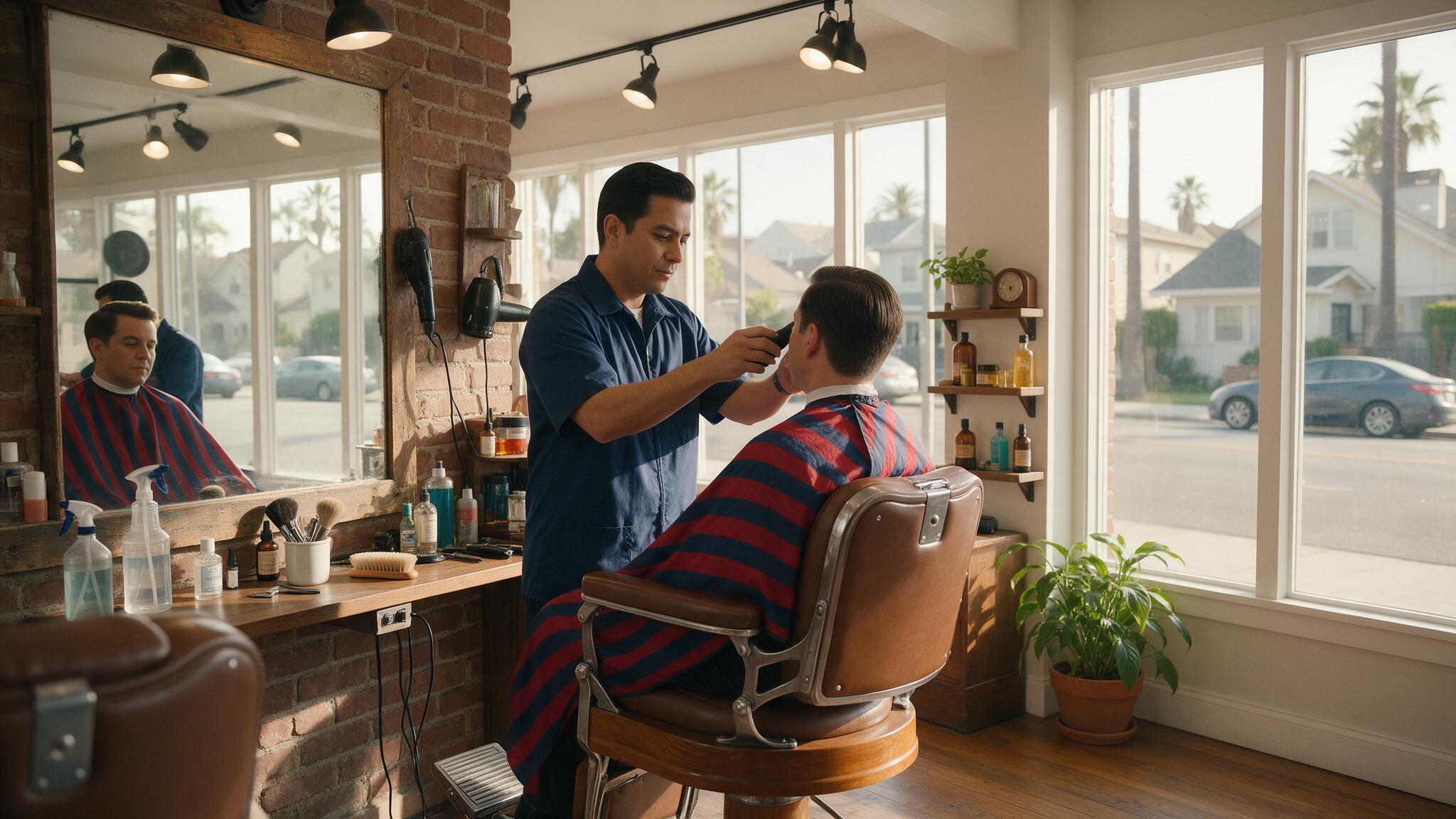 Barbero atendiendo a un cliente en una barbería en Los Ángeles