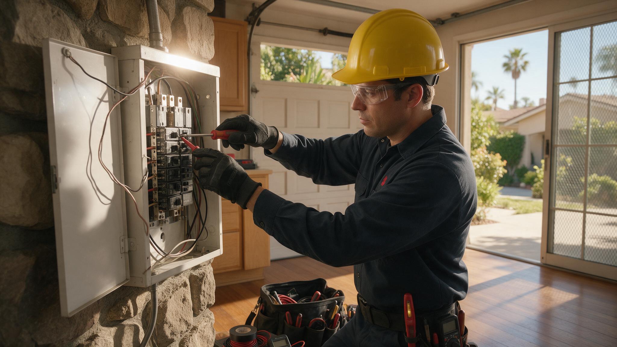 Electricista trabajando en un panel eléctrico en Los Ángeles