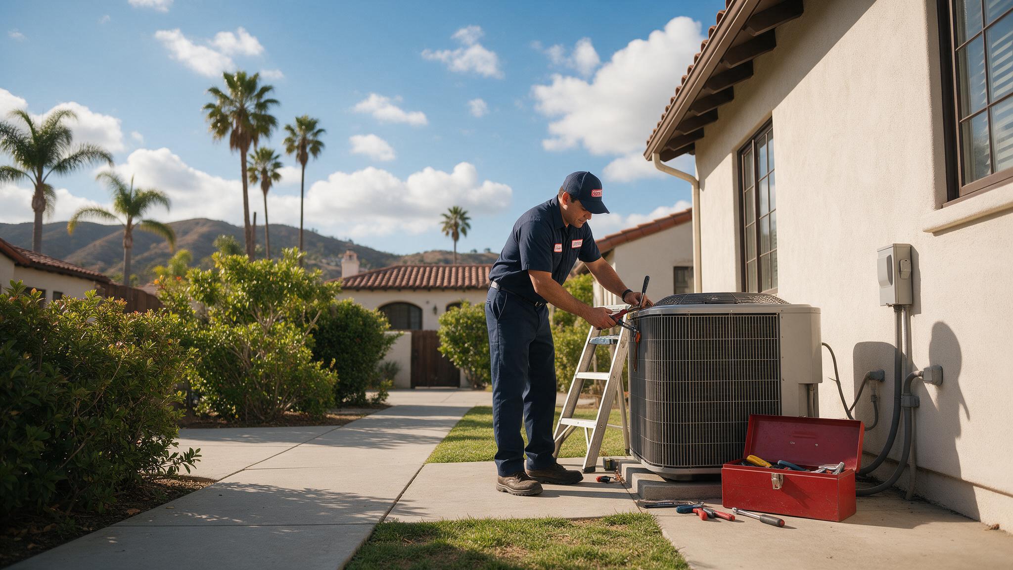 Técnico de HVAC dando servicio a un aire acondicionado en Los Ángeles