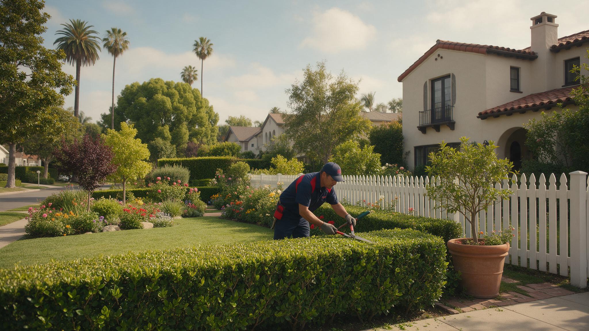 Profesional de landscaping trabajando en un jardín en Los Ángeles