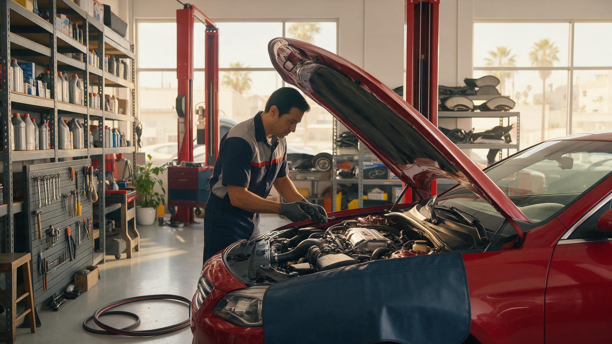 Mecánico automotriz trabajando en un taller en Los Ángeles