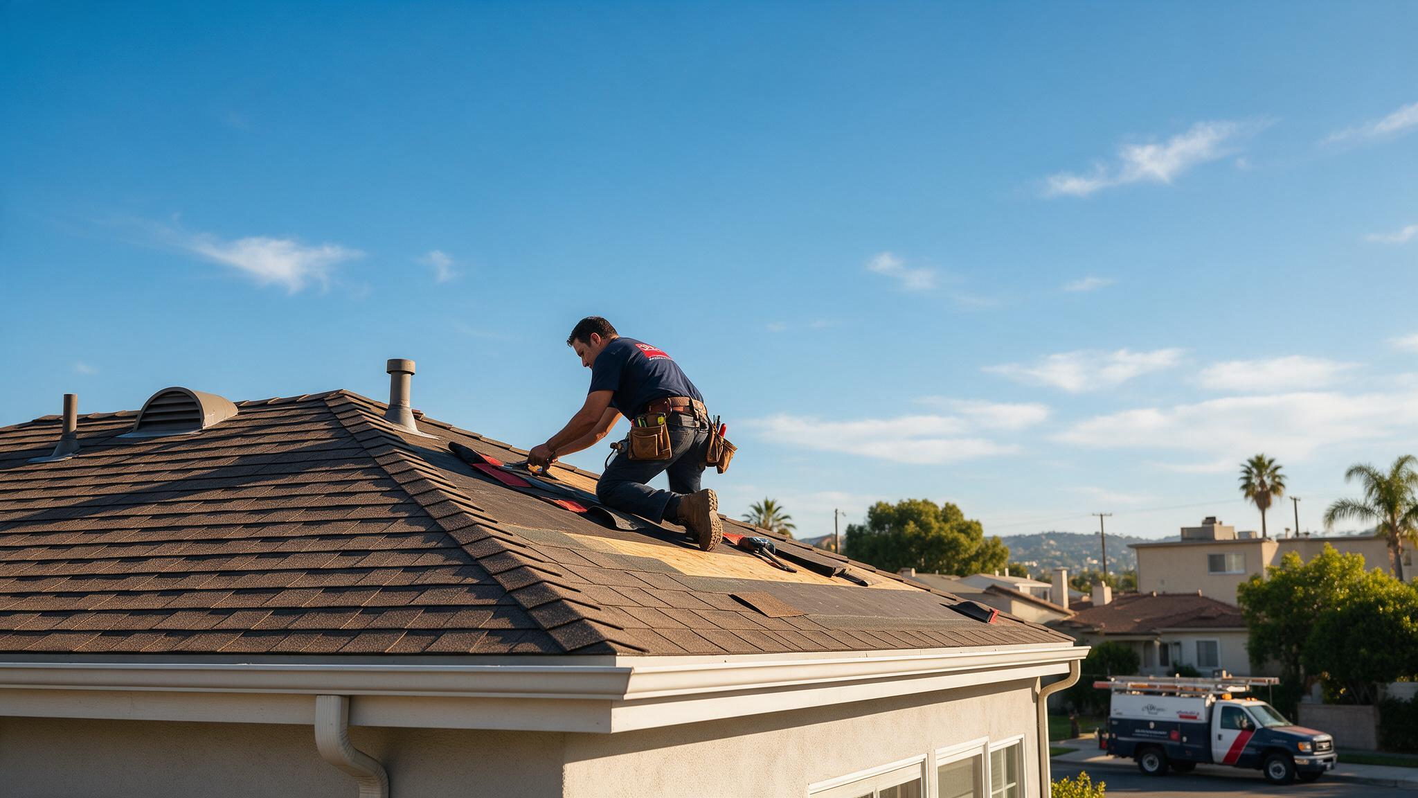Contratista de roofing trabajando en un techo en Los Ángeles